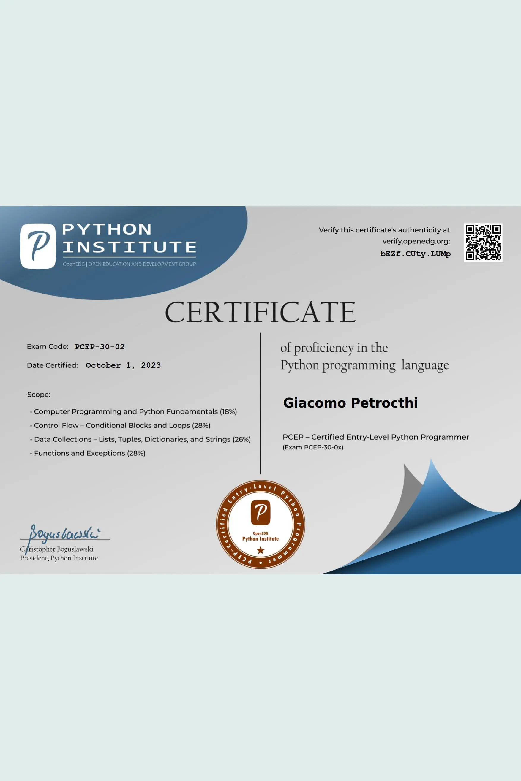 Python Certified Entry Level Programmer